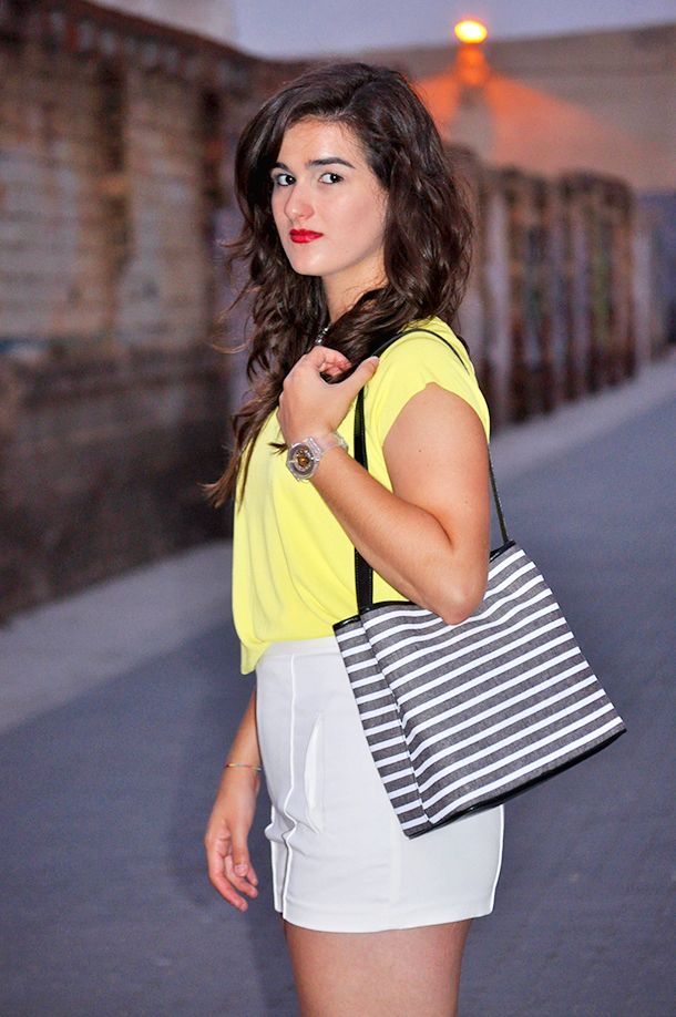 something fashion, stripes, wedges, espadrilles, neon yellow, zara, 25 years special edition swatch, valencia fashion blogger moda fashion week estilo VLC, how to wear yellow blouse espadrilles
