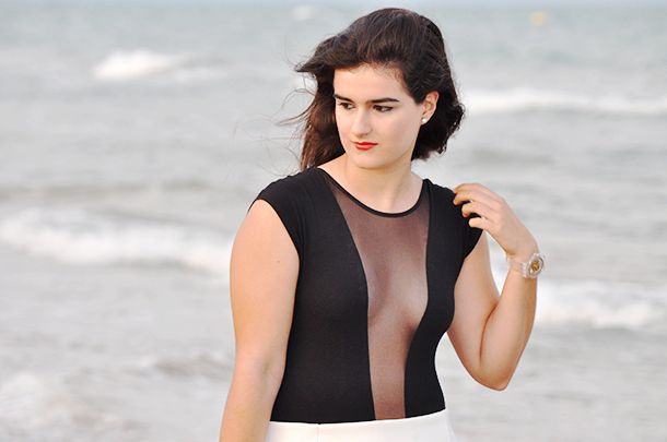 something fashion, american apparel, sheer bodysuit, black bodysuit, oropesa, beach, assymmetrical skirt, siren, mermaid like, white skirt, black and white