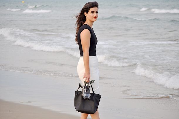 something fashion, american apparel, sheer bodysuit, black bodysuit, oropesa, beach, assymmetrical skirt, siren, mermaid like, white skirt, black and white